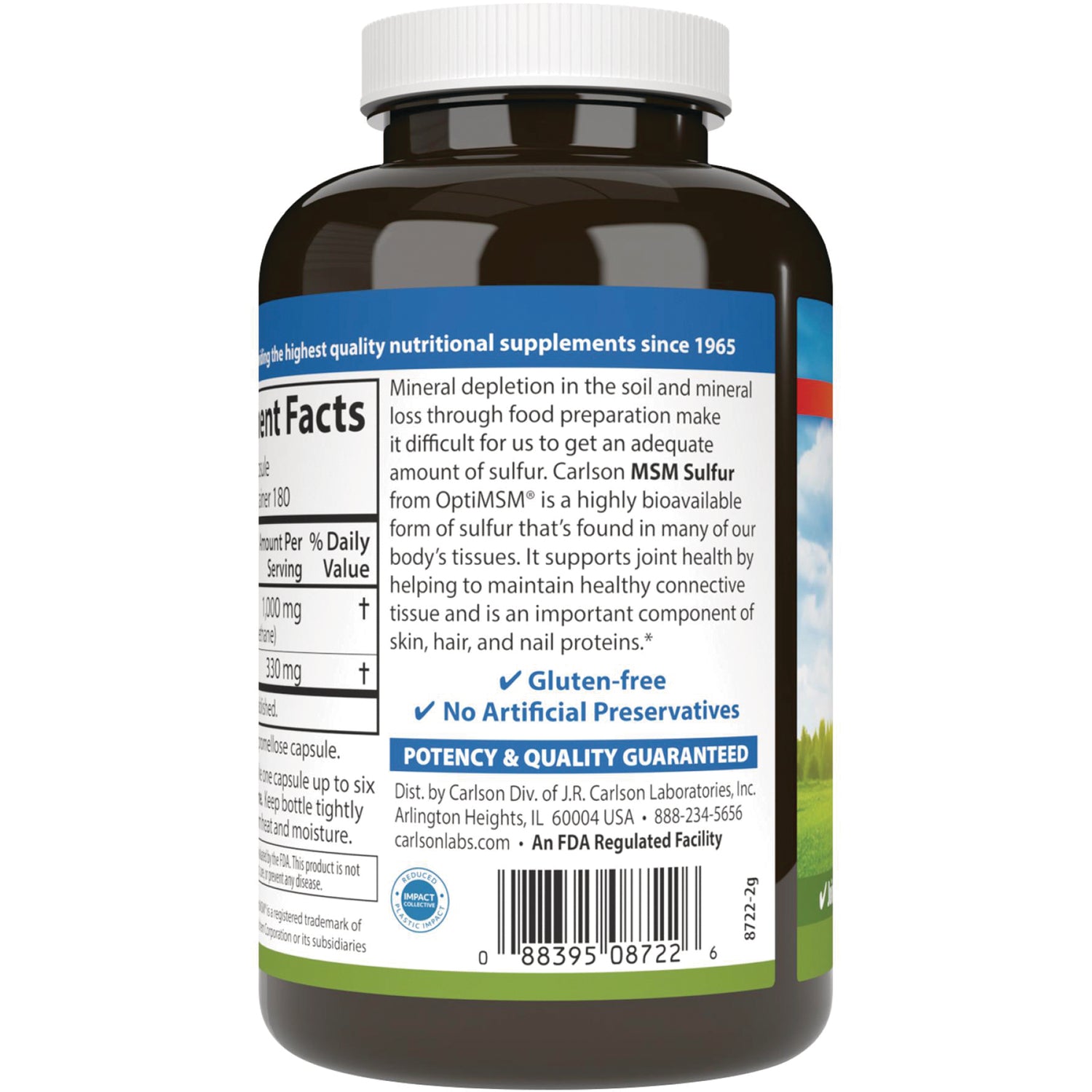 CSN225 | Back label of brown supplement bottle showing supplement facts, product description, gluten-free claims, potency guarantee and barcode