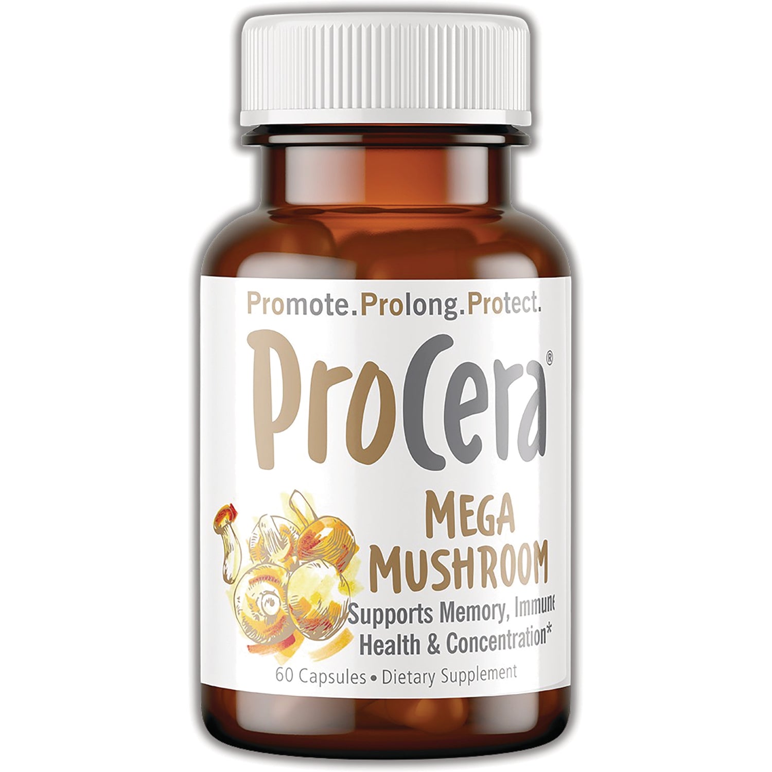 PRC009 | Amber supplement bottle labeled ProCera Mega Mushroom, 60 capsules dietary supplement