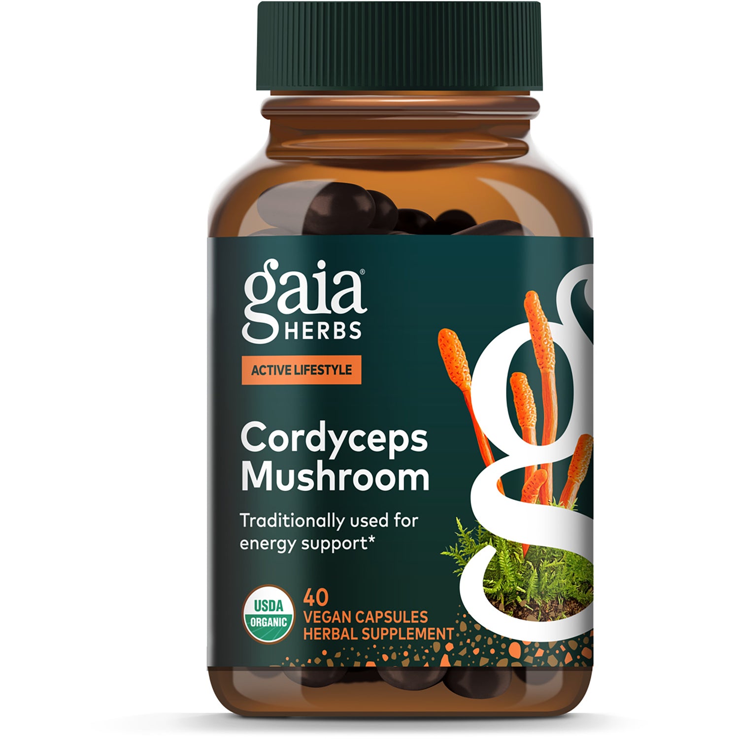 GH146 | Gaia Herbs Cordyceps Mushroom box, Energy Support, 40 vegan capsules, USDA Organic and Non GMO labels