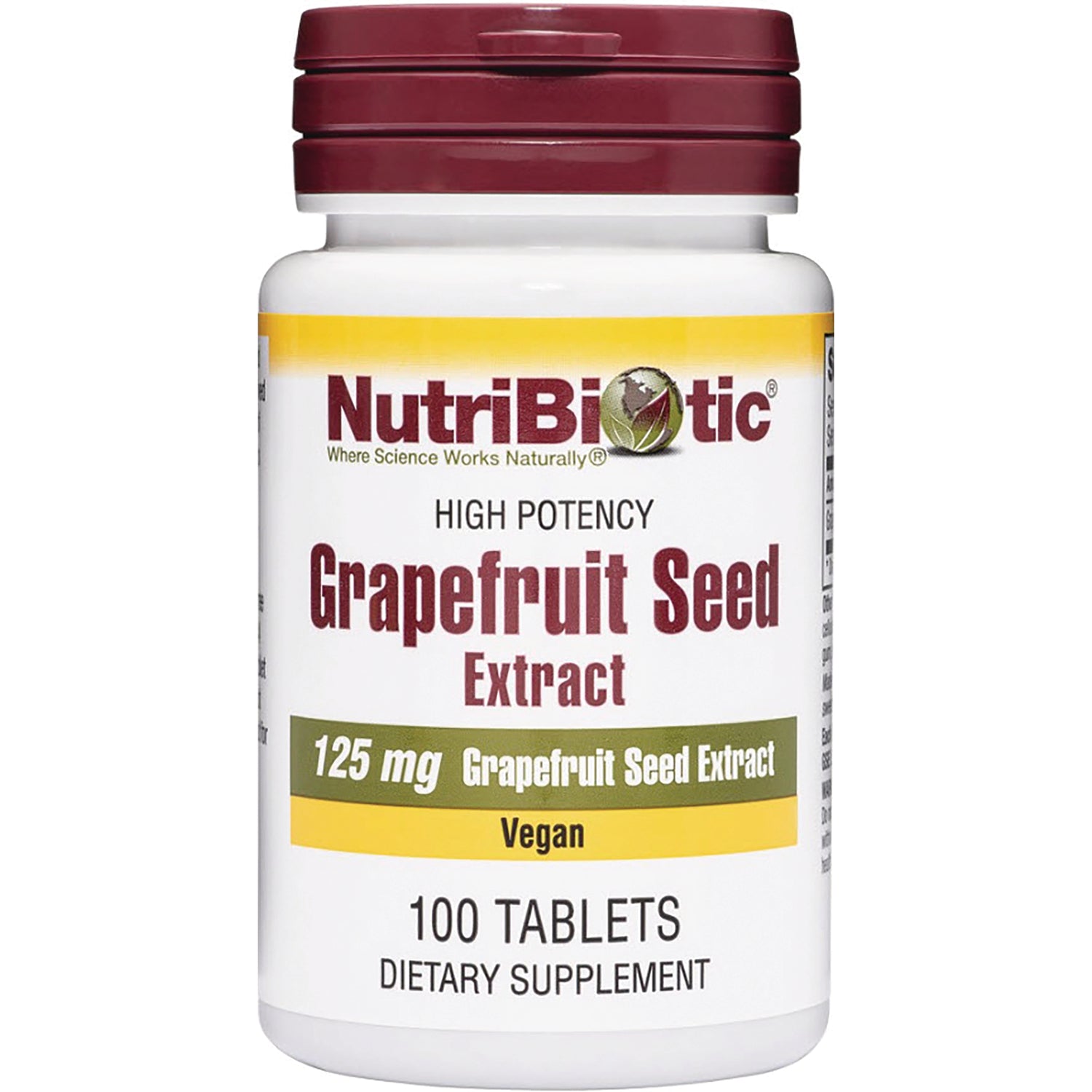 NUB002 | NutriBiotic High Potency Grapefruit Seed Extract bottle, 125 mg, vegan, 100 tablets