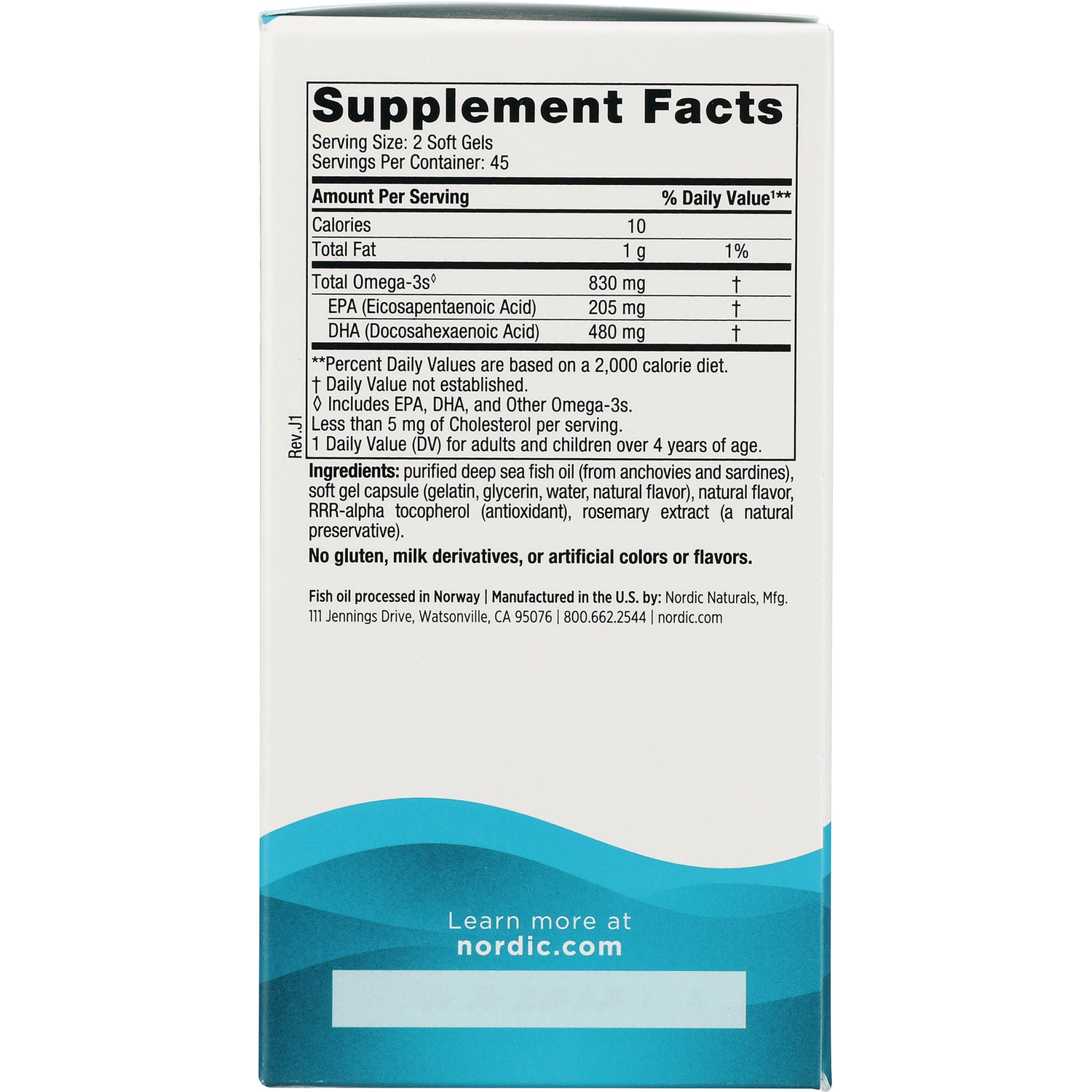 NRN010 | Supplement Facts panel and ingredients list on white box showing serving size and omega-3 amounts