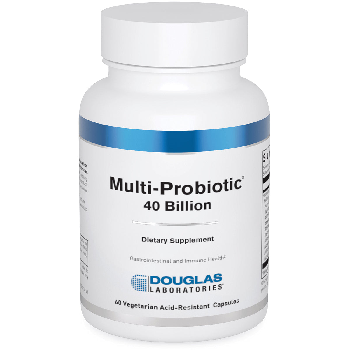 DGL180 | White bottle labeled Multi-Probiotic 40 Billion dietary supplement by DOUGLAS LABORATORIES, 60 vegetarian acid-resistant capsules