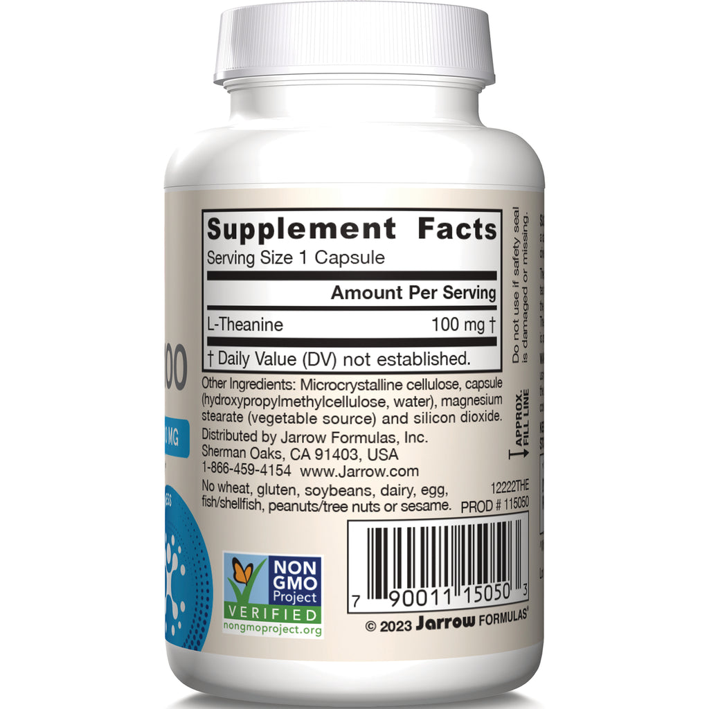 JR045 | back label of white supplement bottle showing Supplement Facts listing L-Theanine 100 mg, ingredients, barcode, Non-GMO badge - Thumbnail