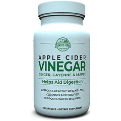 CFR017 | Front view of Country Farms Apple Cider Vinegar bottle labeled ginger cayenne & maple, helps aid digestion, 90 capsules
