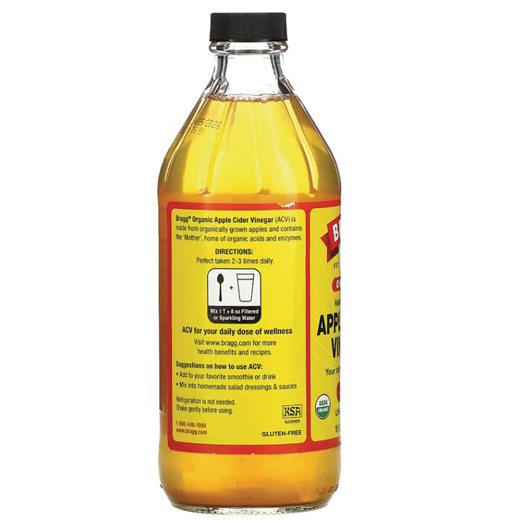 BR005 | Back label of apple cider vinegar bottle showing directions, usage suggestions and certification icons - Thumbnail