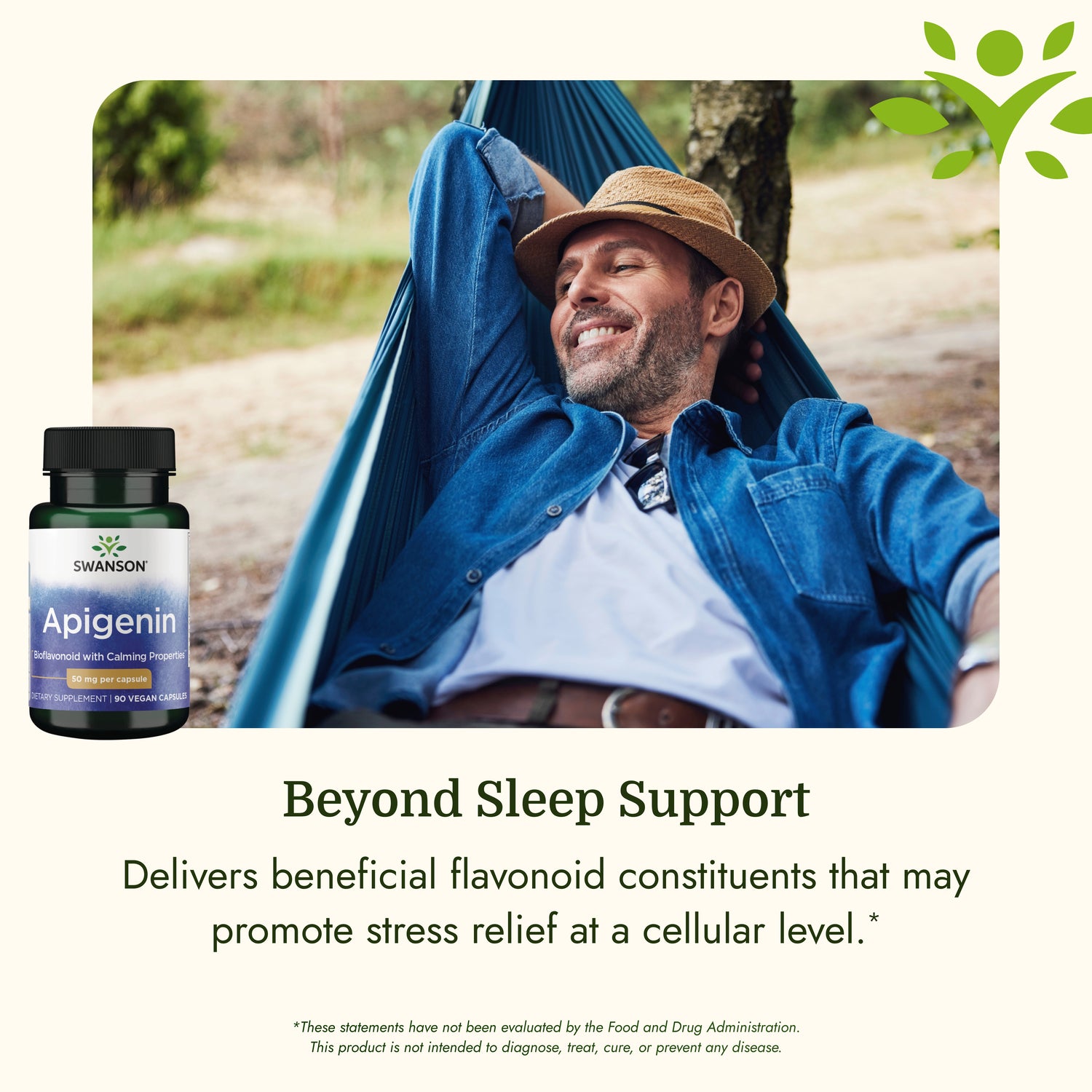 SWU375 | Swanson Apigenin supplement bottle beside a man relaxing in a hammock with the text Beyond Sleep Support