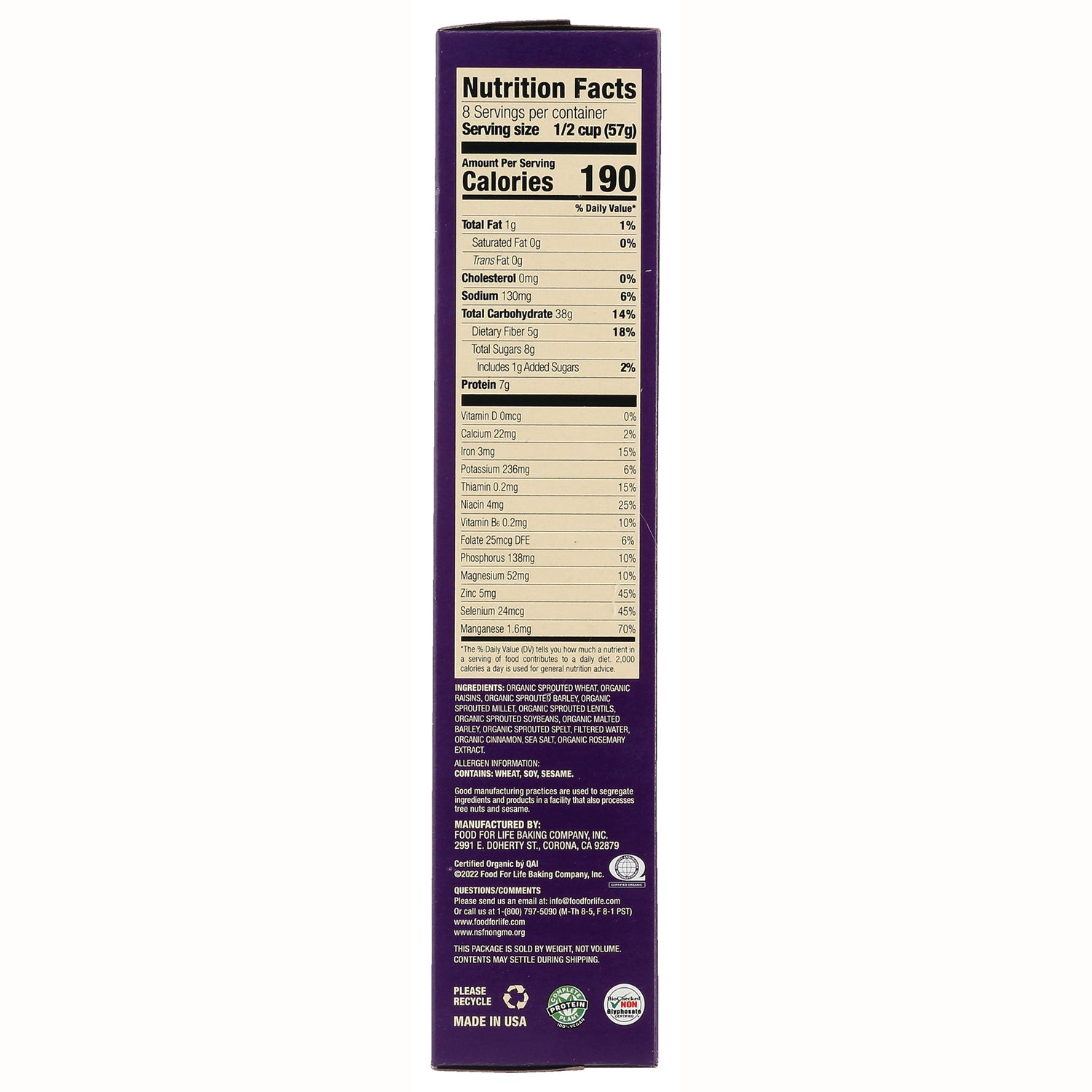 FFL002 | Back panel showing Nutrition Facts, ingredients, and Calories 190 on a purple cereal box