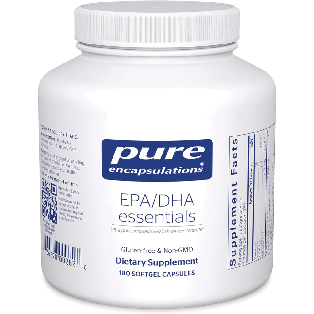 PRN045 | Pure Encapsulations EPA/DHA essentials white jar showing front label, 180 softgel capsules, gluten-free & Non-GMO - Thumbnail