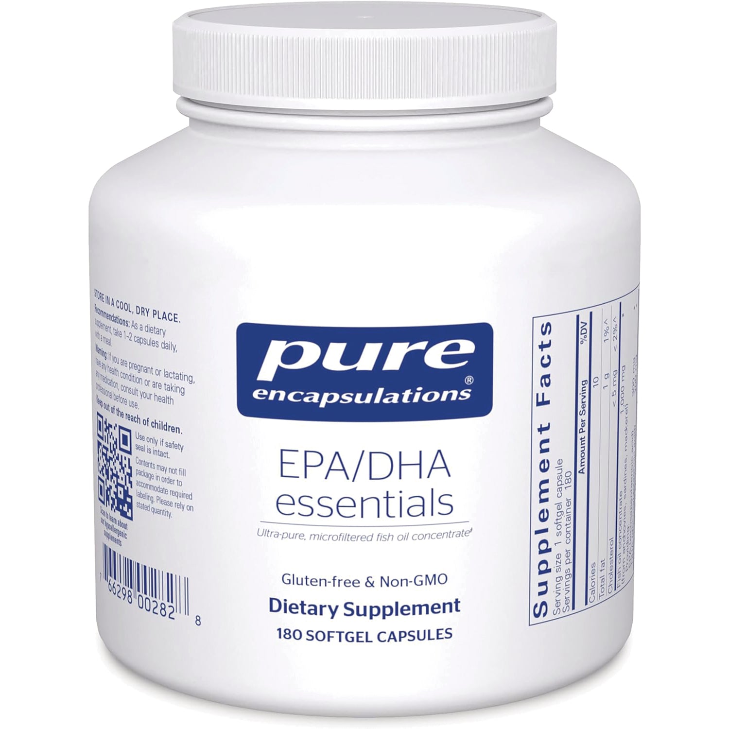 PRN045 | Pure Encapsulations EPA/DHA essentials white jar showing front label, 180 softgel capsules, gluten-free & Non-GMO