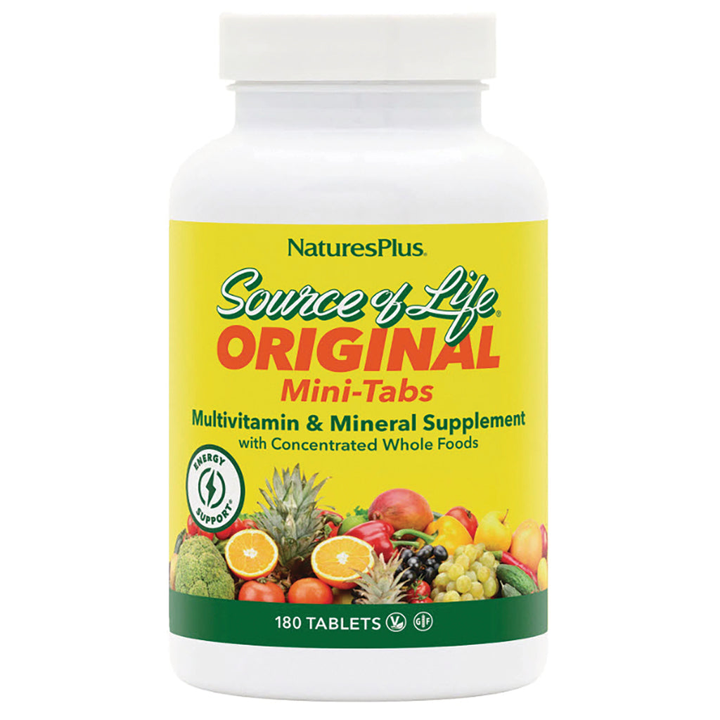 NTP040 | NaturesPlus Source of Life Original Mini-Tabs multivitamin bottle, yellow label with fruit imagery, 180 tablets - Thumbnail