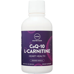 MRM002 | White bottle with purple MRM Nutrition label reading CoQ-10 L-Carnitine Heart Health orange-vanilla dietary supplement