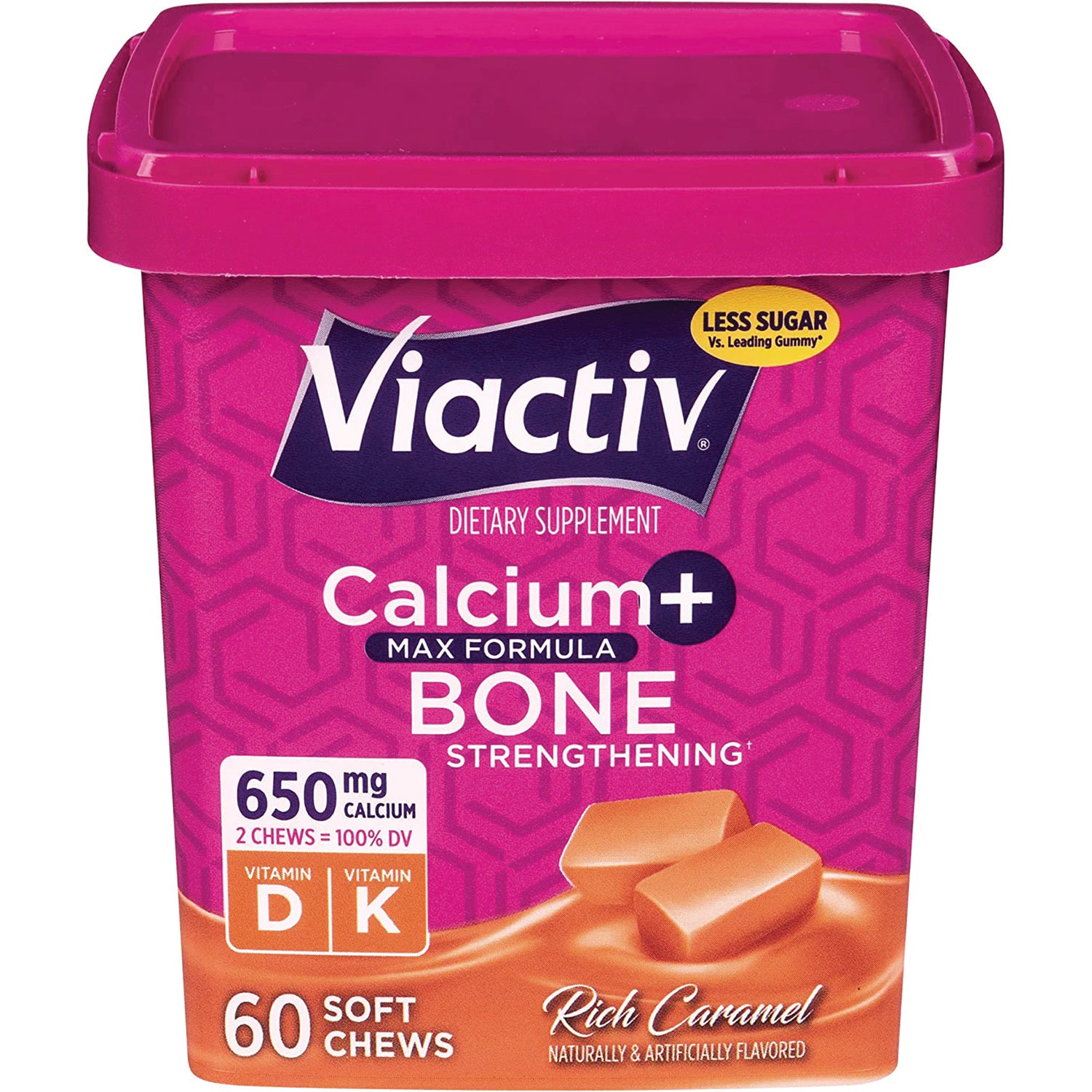 MCN010 | Viactiv Calcium+ max formula bone strengthening 60 soft chews rich caramel front of tub showing 650 mg calcium