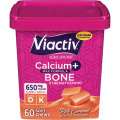 MCN010 | Viactiv Calcium+ max formula bone strengthening 60 soft chews rich caramel front of tub showing 650 mg calcium