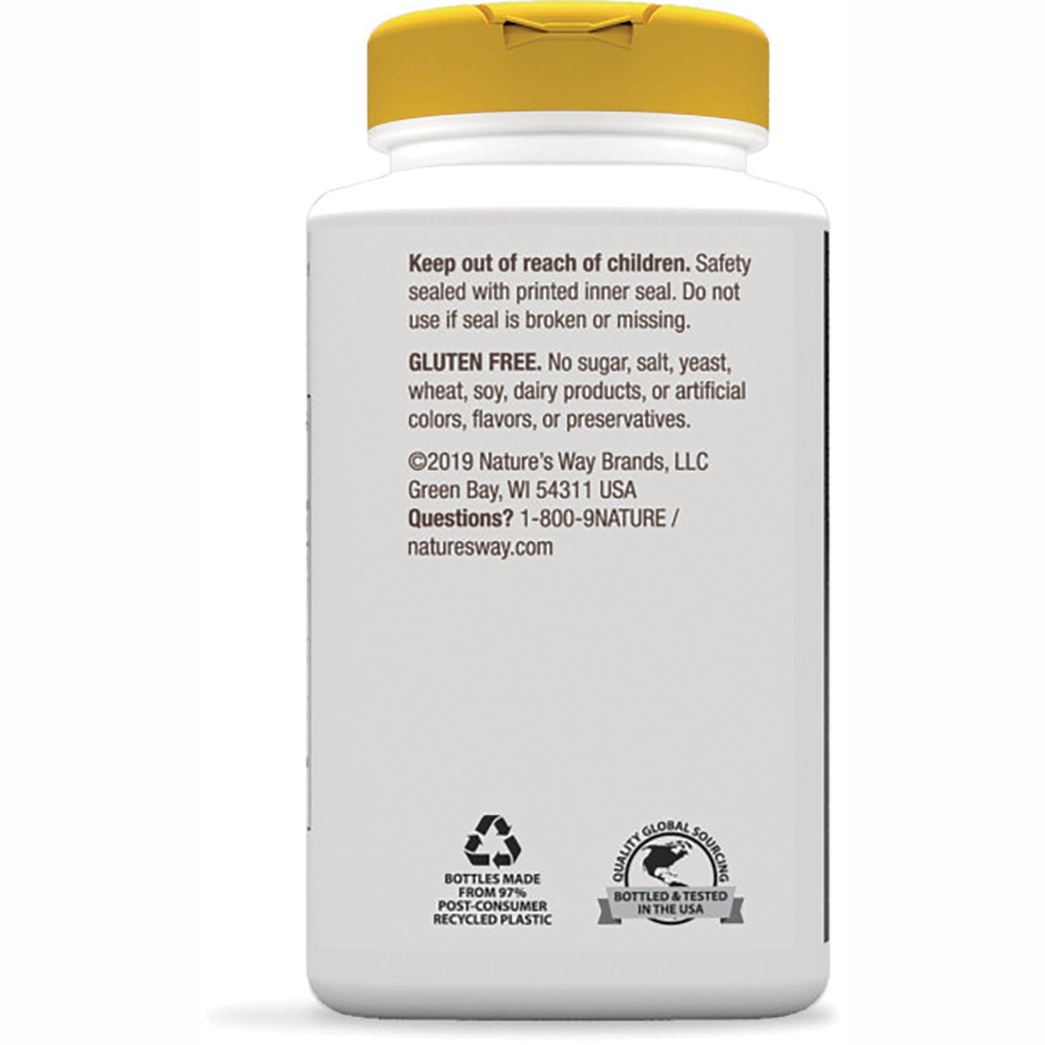 NW373 | Back of white supplement bottle with yellow cap showing safety and gluten free text, company info and recycling and bottled in USA logos