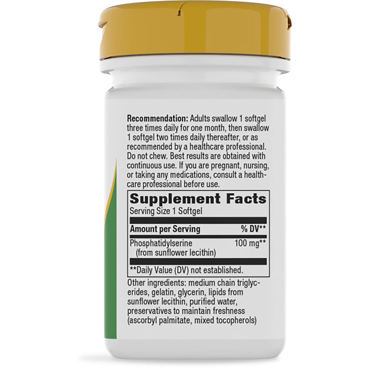 NW391 | Back of brown supplement bottle with green cap showing Supplement Facts label and directions
