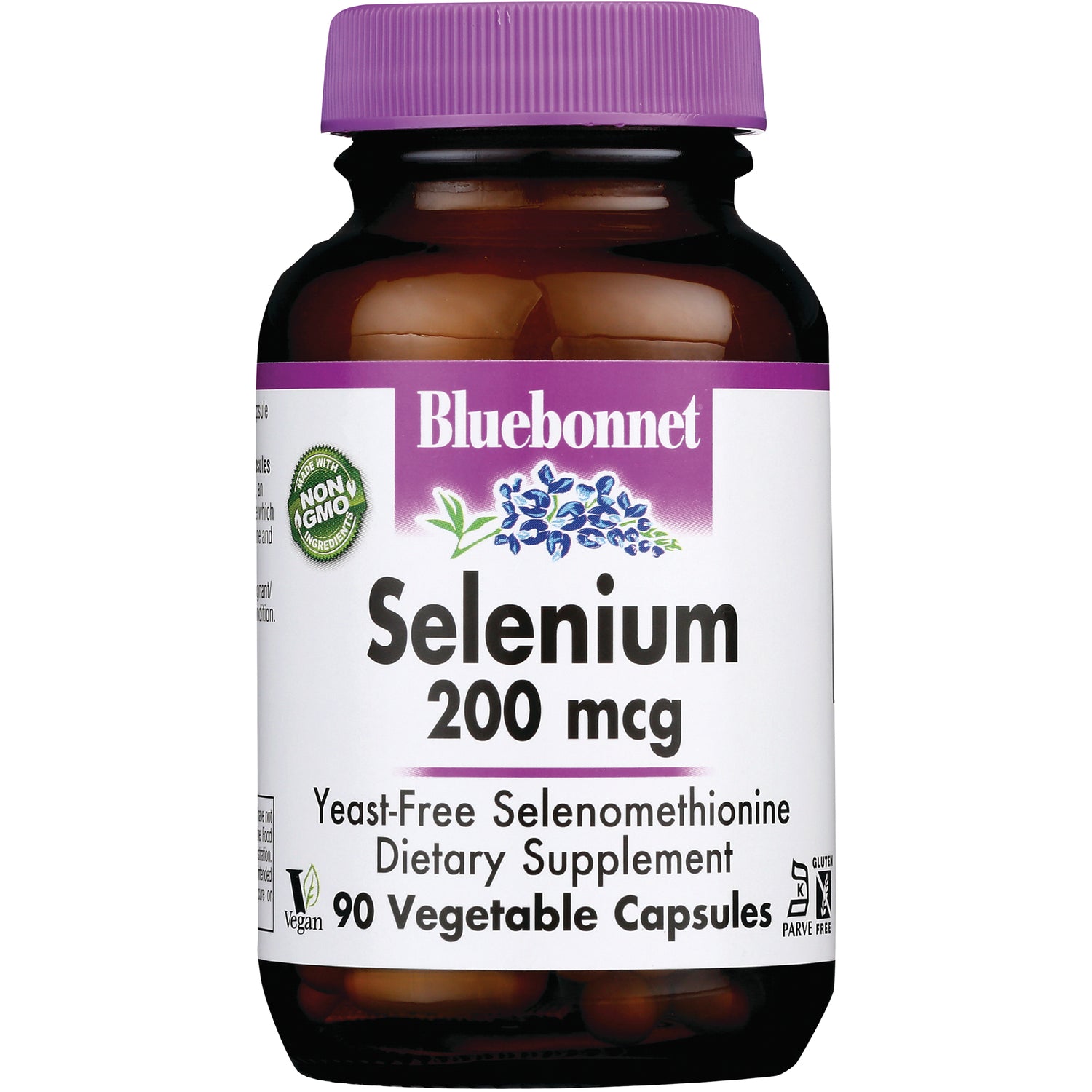 BLU113 | Bluebonnet Selenium 200 mcg brown bottle with purple cap, label reading 90 Vegetable Capsules