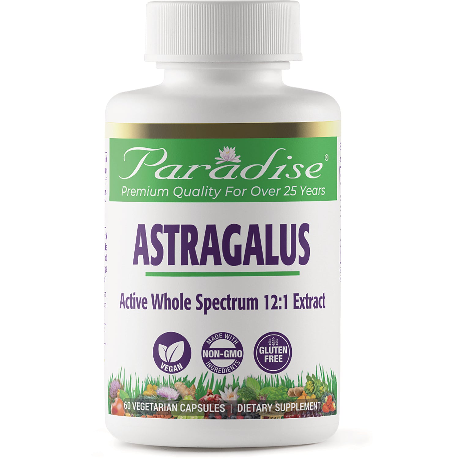 PRH007 | Paradise Astragalus supplement bottle labeled Active Whole Spectrum 12:1 Extract and 60 vegetarian capsules