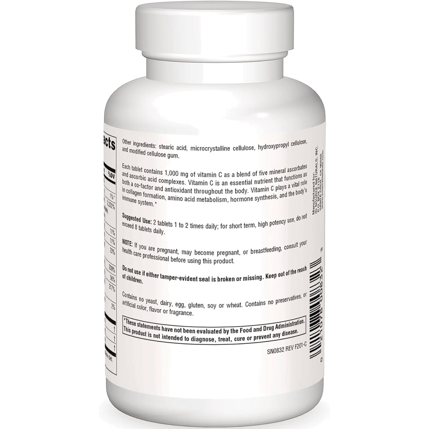 SN782 | Back label with ingredients, suggested use, warnings, and barcode for vitamin C tablets