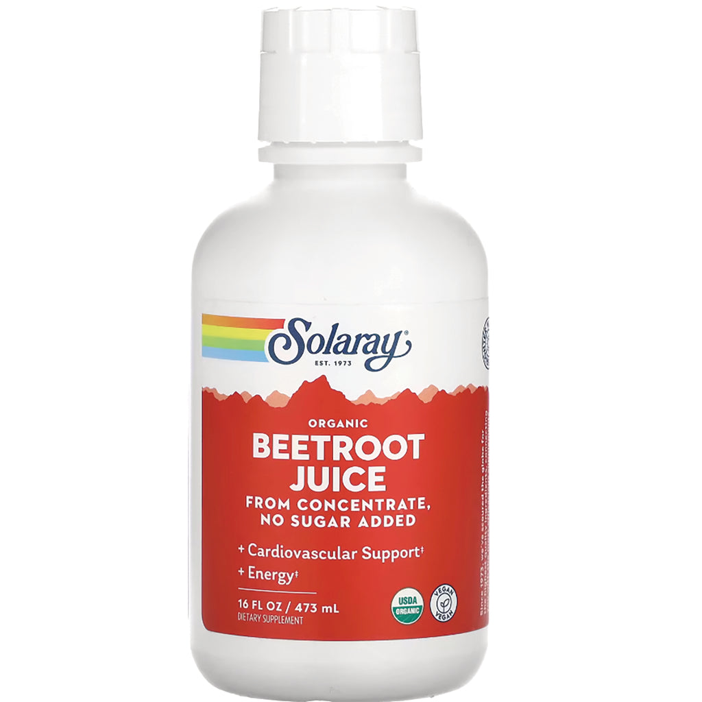 SLR388 | Solaray organic beetroot juice 16 fl oz white bottle with red label reading BEETROOT JUICE, no sugar added - Thumbnail