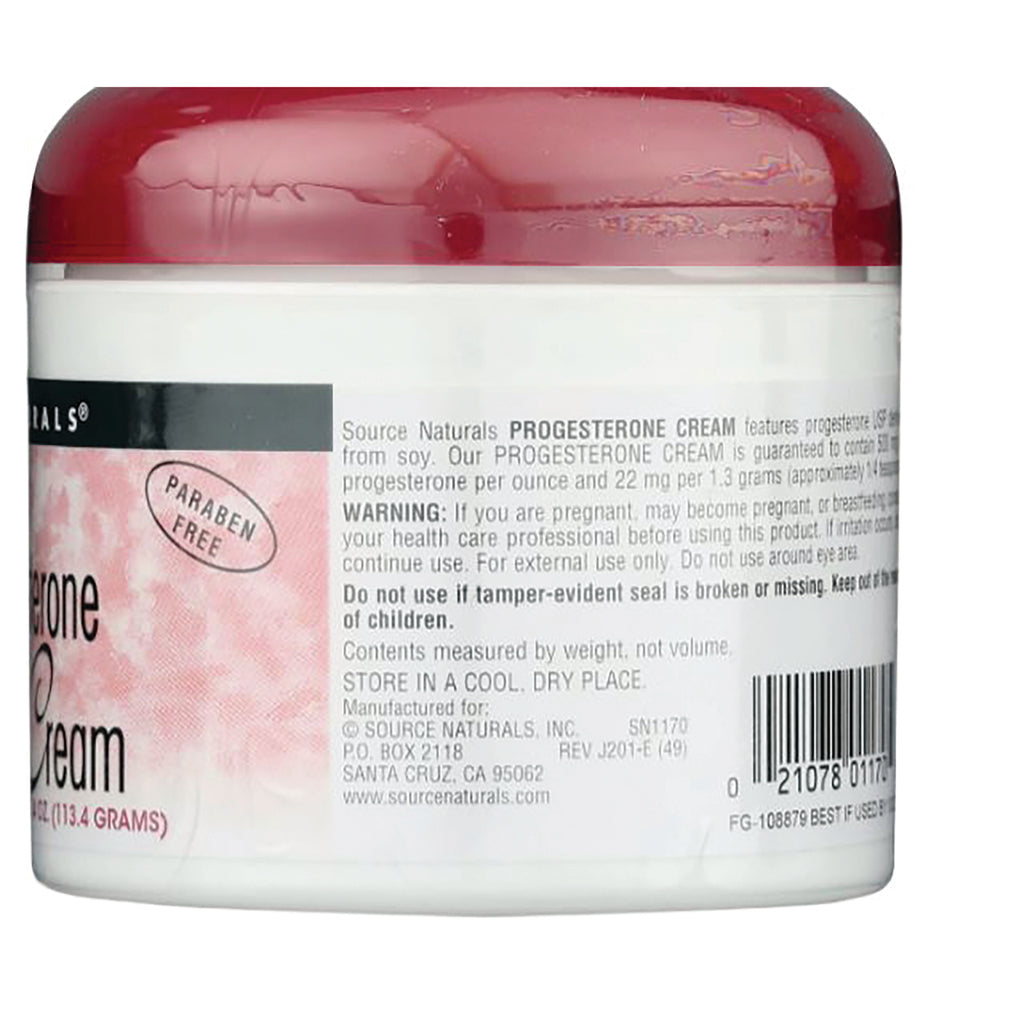 SN171 | Back label of Source Naturals Progesterone Cream jar with warnings, storage info, and barcode - Thumbnail