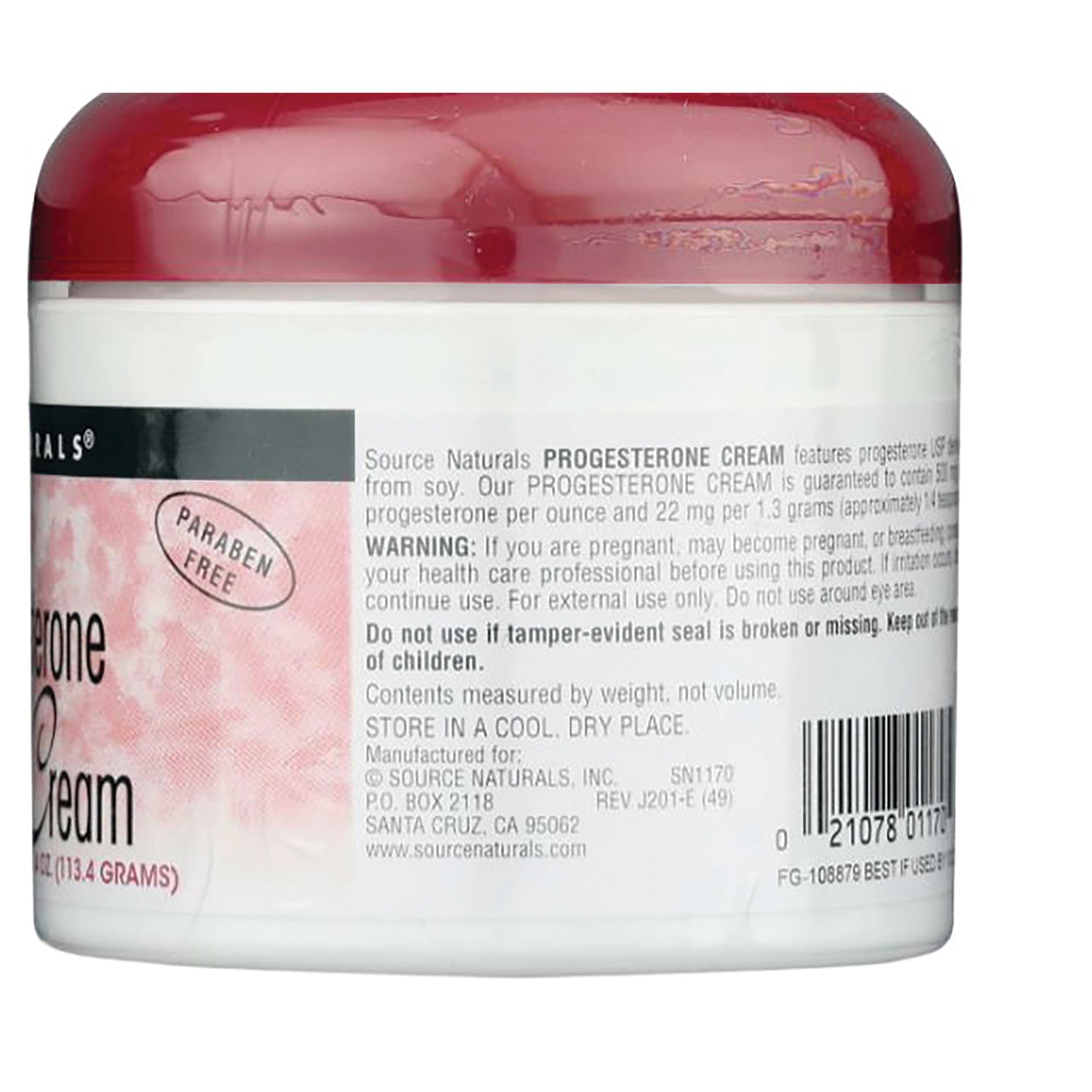 SN171 | Back label of Source Naturals Progesterone Cream jar with warnings, storage info, and barcode