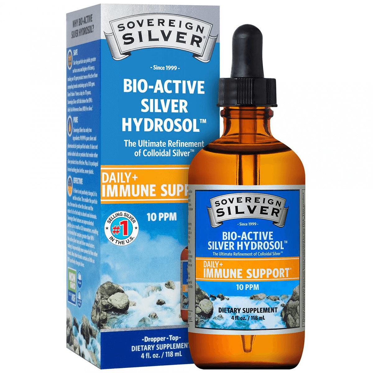 SSL001 | Sovereign Silver Bio-Active Silver Hydrosol Daily+ Immune Support 10 PPM dropper bottle and box