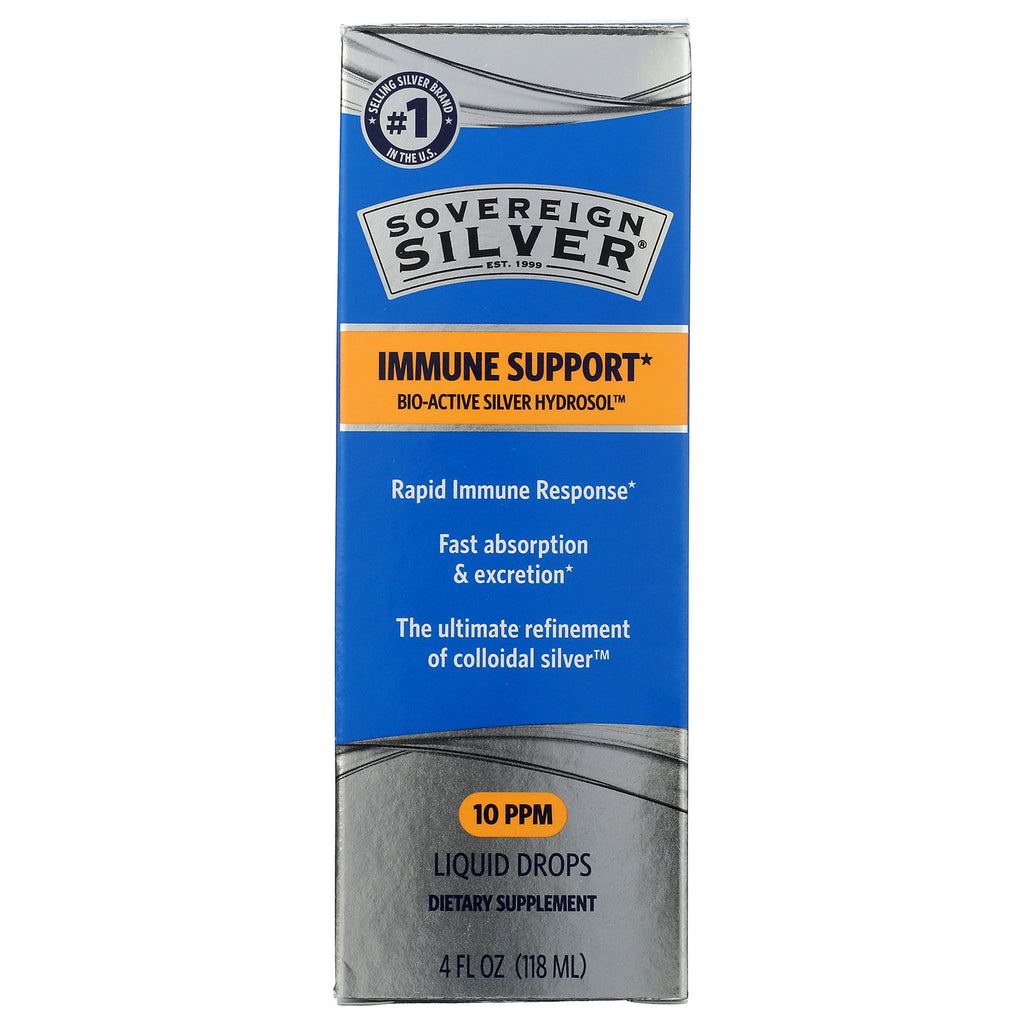 SSL001 | Sovereign Silver Bio-Active Silver Hydrosol Daily+ Immune Support 10 PPM dropper bottle and box - Thumbnail