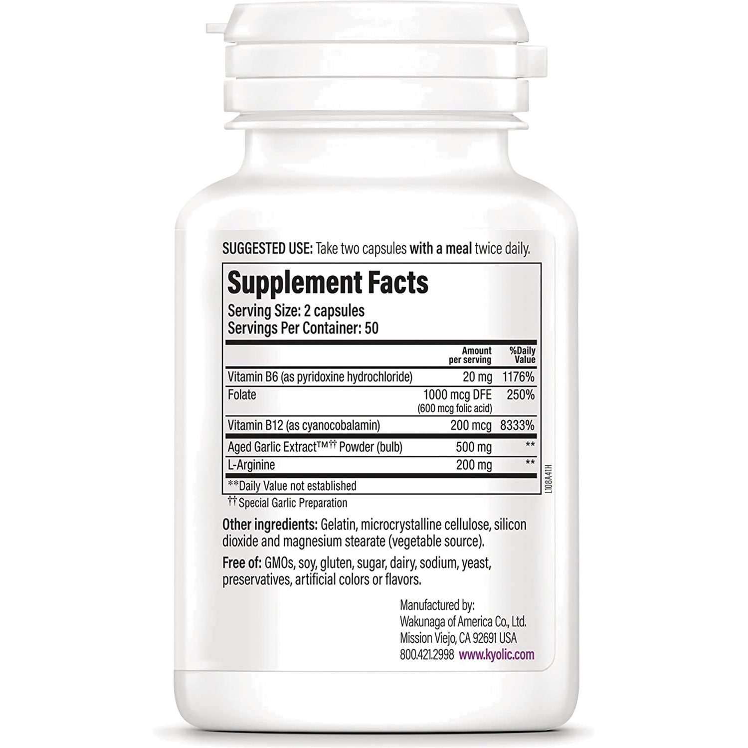 KY075 | back label showing Supplement Facts panel with serving size 2 capsules, ingredient list and manufacturer info