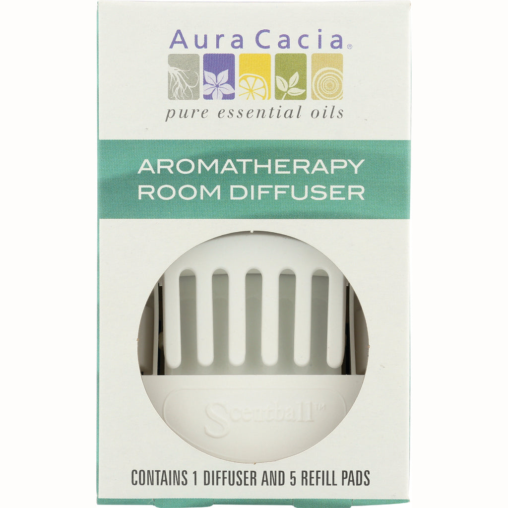 ARC018 | Aura Cacia aromatherapy room diffuser box showing white diffuser through window and text 'Contains 1 diffuser and 5 refill pads' - Thumbnail