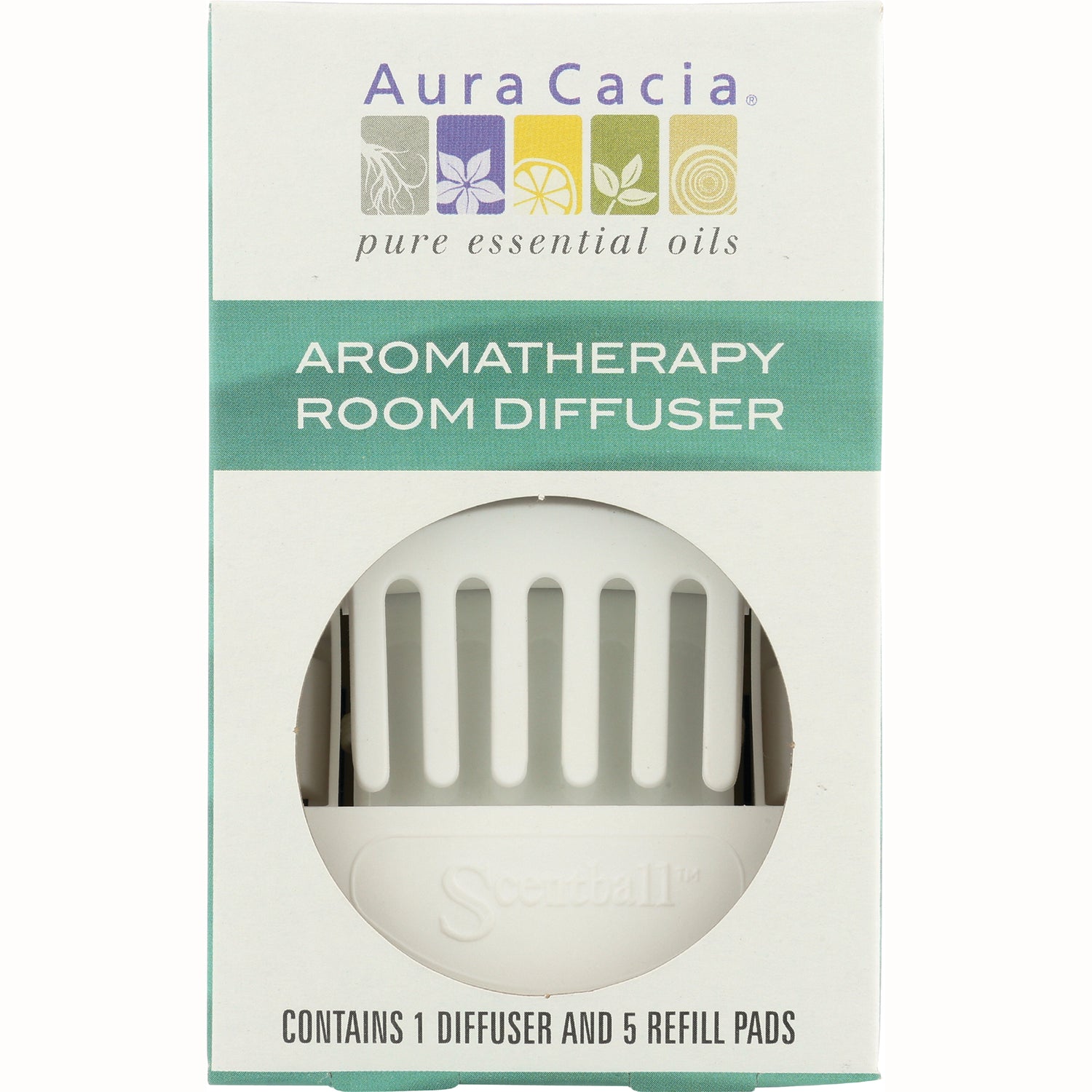 ARC018 | Aura Cacia aromatherapy room diffuser box showing white diffuser through window and text 'Contains 1 diffuser and 5 refill pads'