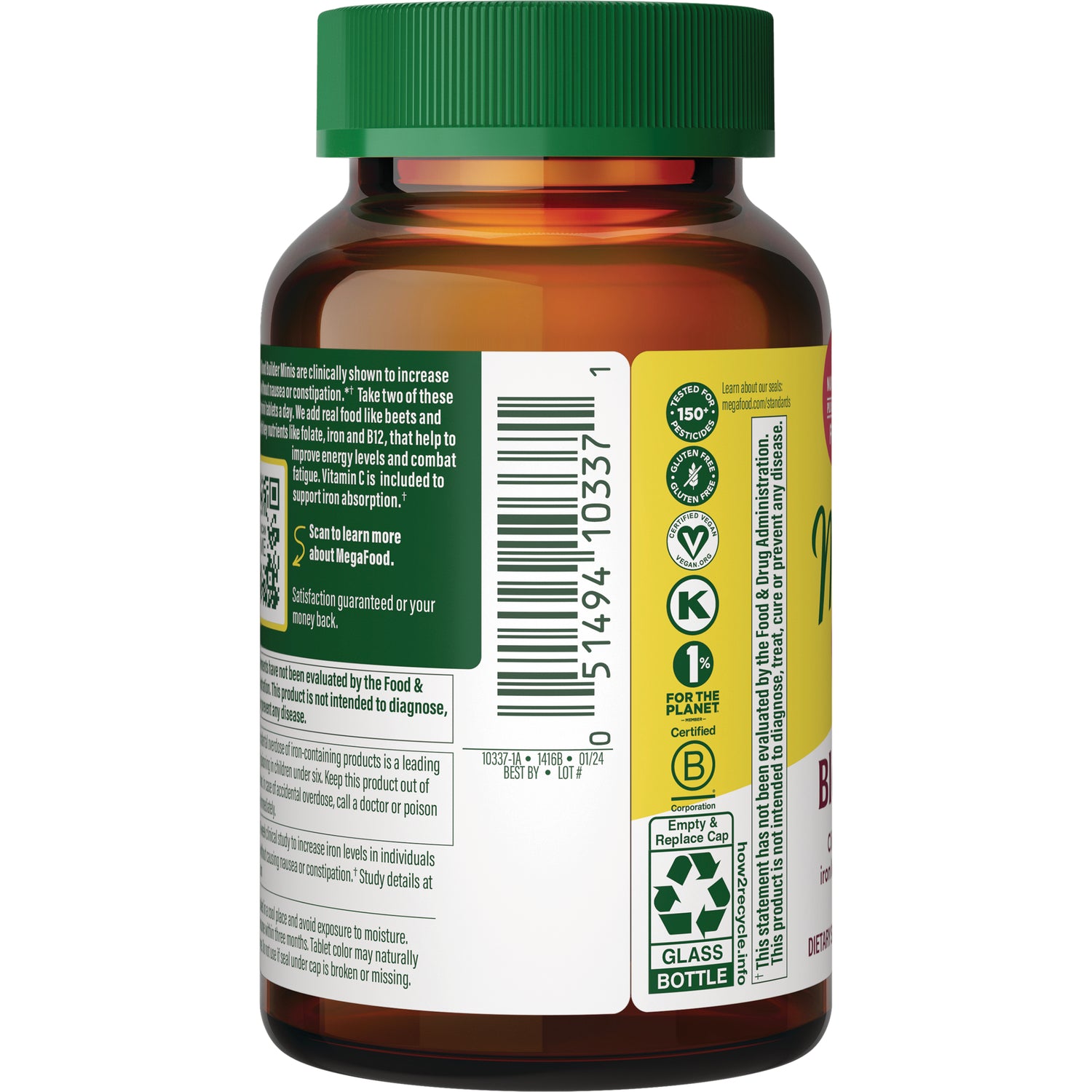 MGF086 | Back label of amber supplement bottle showing barcode, certification icons and recycling symbol