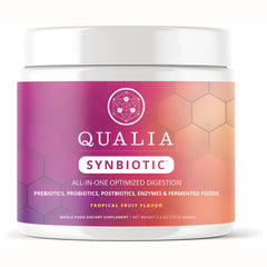 NEH009 | Qualia Synbiotic supplement tub front label, tropical fruit flavor