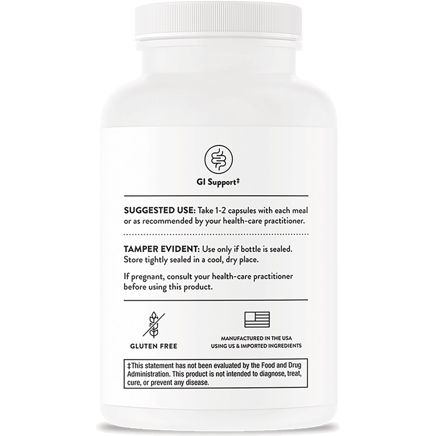 TRN030 | GI Support back label with Suggested Use 12 capsules, tamper-evident notice, gluten free icon, Manufactured in the USA