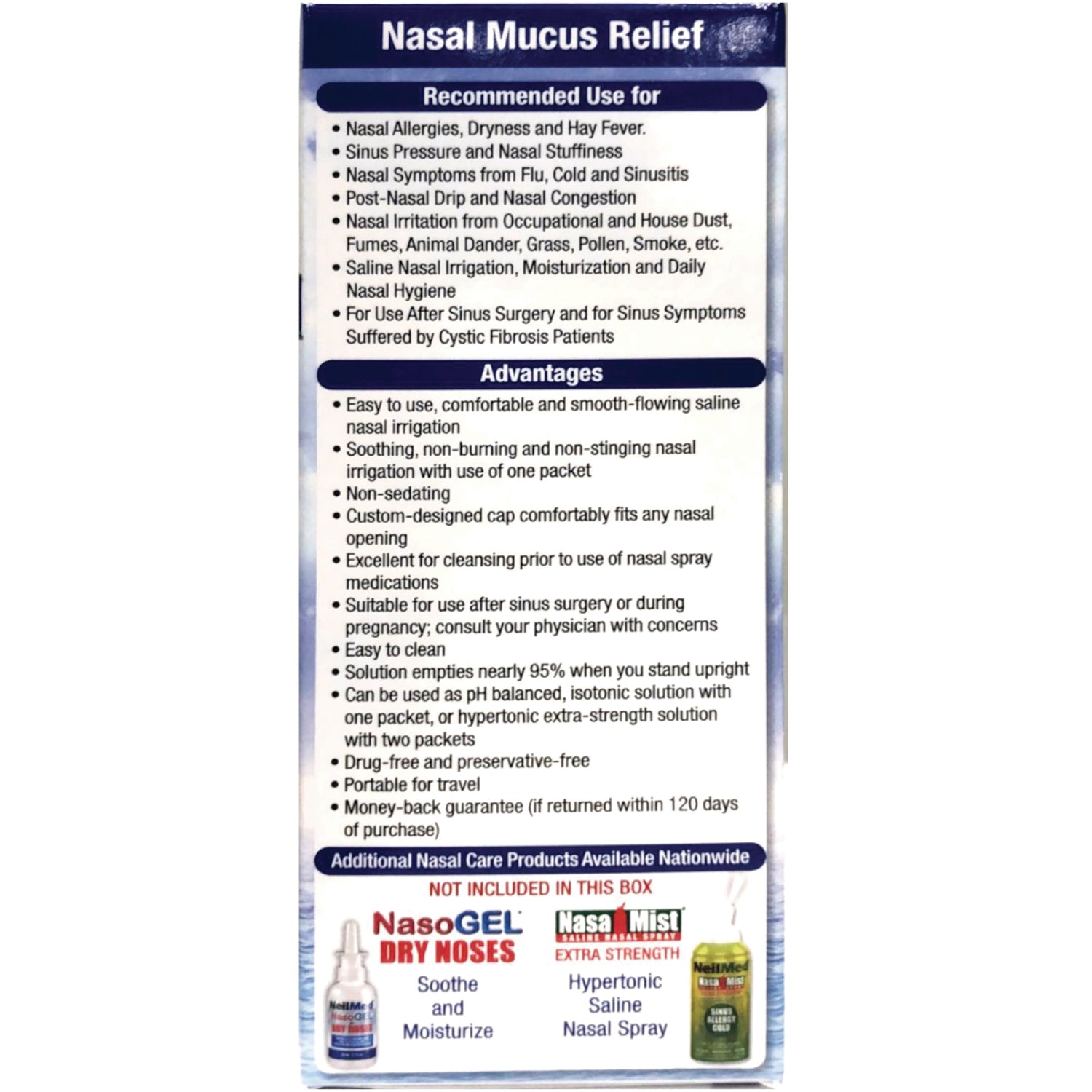 NMD006 | back panel titled Nasal Mucus Relief showing recommended use, advantages, and product notes