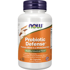 NWF775 | White bottle of NOW Probiotic Defense supplement with orange label reading Probiotic Defense, 90 Capsules