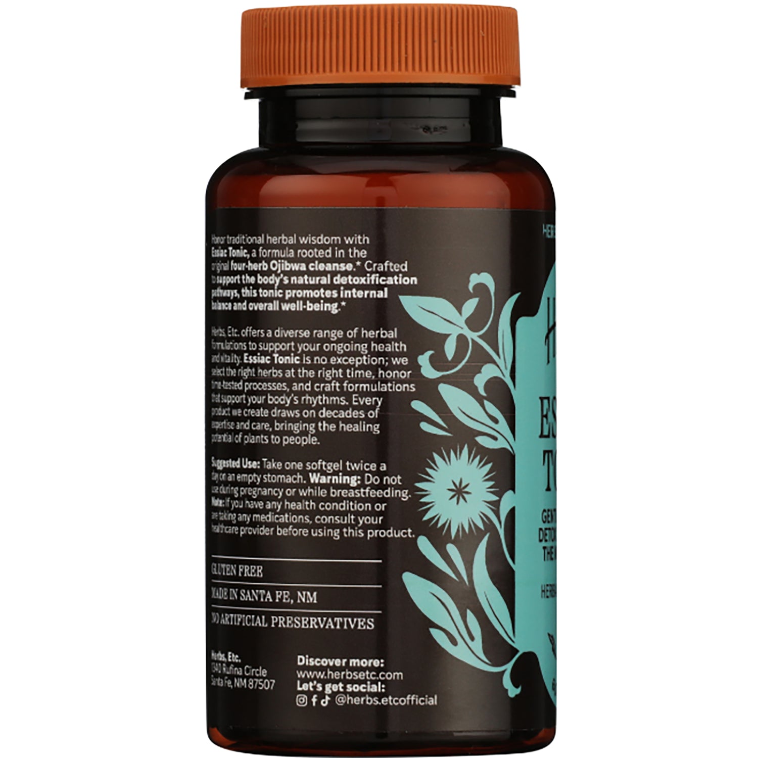 HE107 | Herbs Etc. Essiac Tonic softgel bottle with use instructions, warnings, and brand website