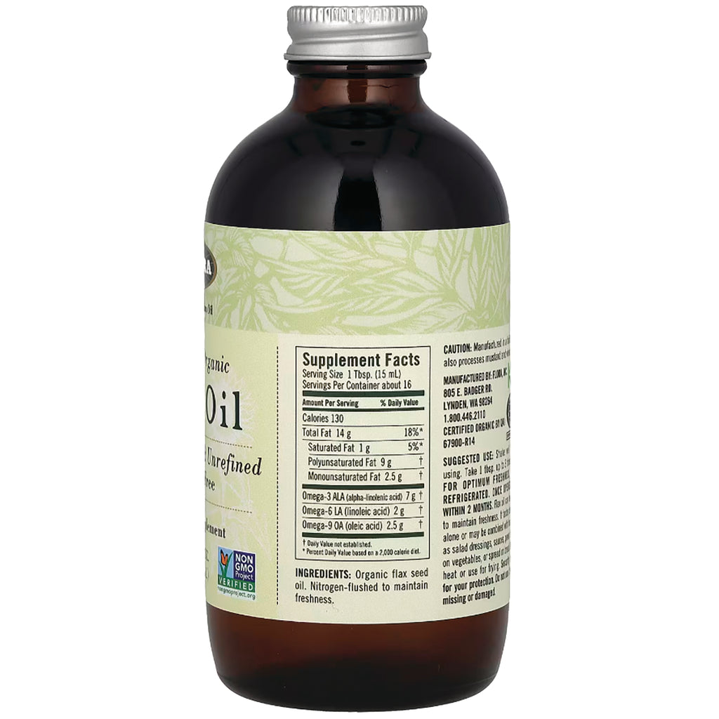 FL112 | Back of amber glass bottle showing supplement facts panel and ingredients for flax seed oil - Thumbnail