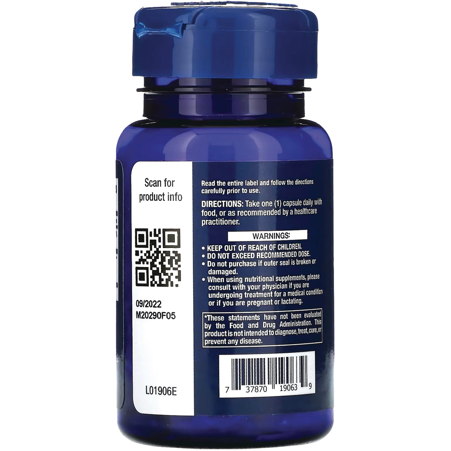LE487 | Back of blue supplement bottle showing directions, warnings, QR code, and barcode on label