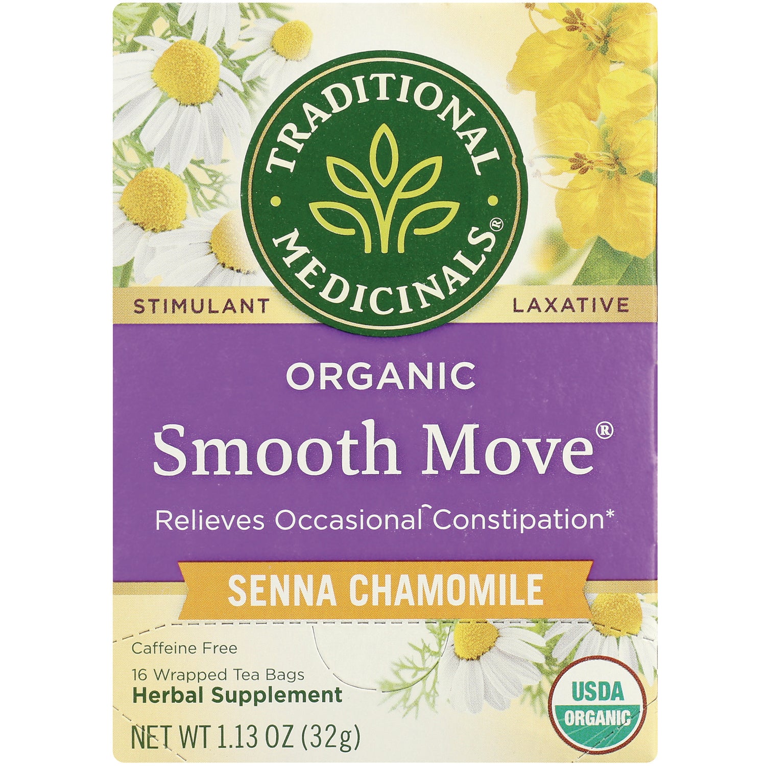 TMD042 | Traditional Medicinals Organic Smooth Move Senna Chamomile tea, stimulant laxative, 16 bags, USDA Organic