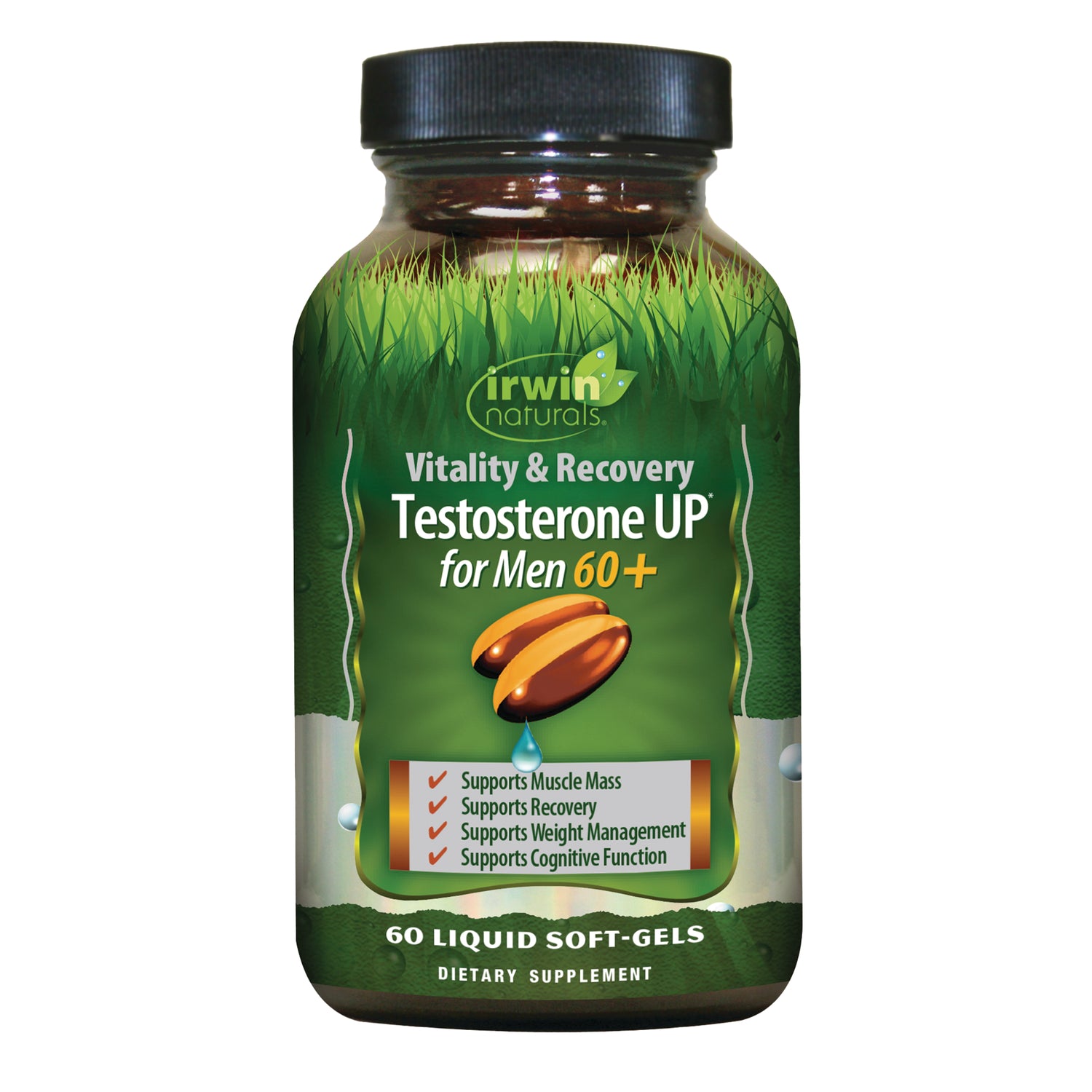 IR293 | Irwin Naturals Testosterone UP for Men 60+ bottle with green label showing 60 liquid soft-gels and benefits