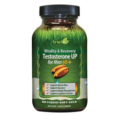 IR293 | Irwin Naturals Testosterone UP for Men 60+ bottle with green label showing 60 liquid soft-gels and benefits