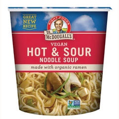 DMD019 | Dr. McDougall's Vegan Hot & Sour Noodle Soup cup front with noodles and brand logo