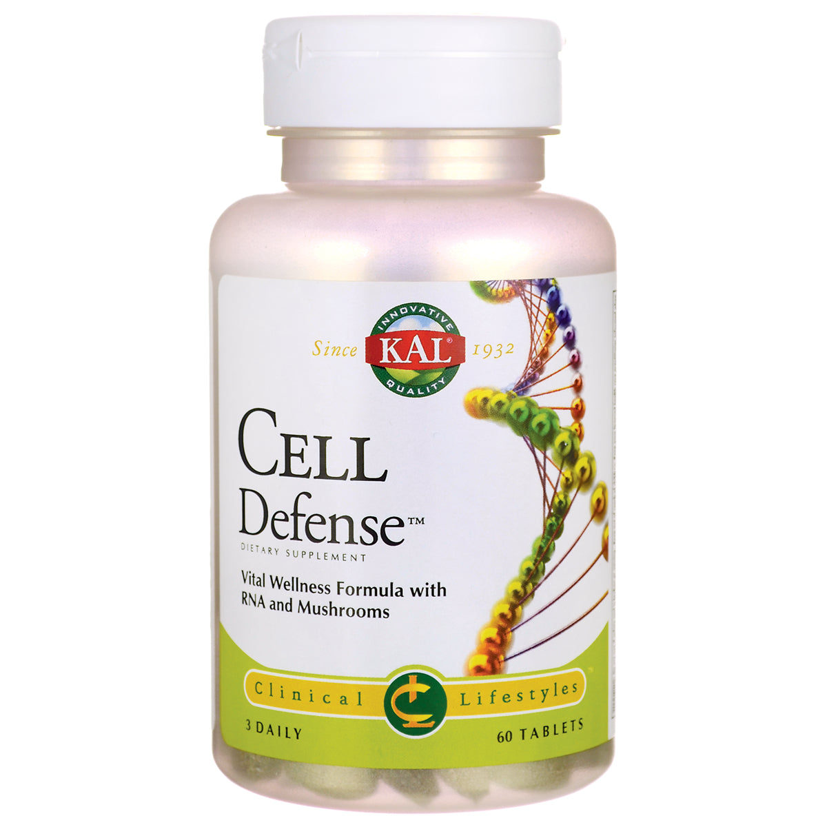 KL538 | KAL Cell Defense dietary supplement bottle front, 60 tablets, Vital Wellness Formula with RNA and Mushrooms