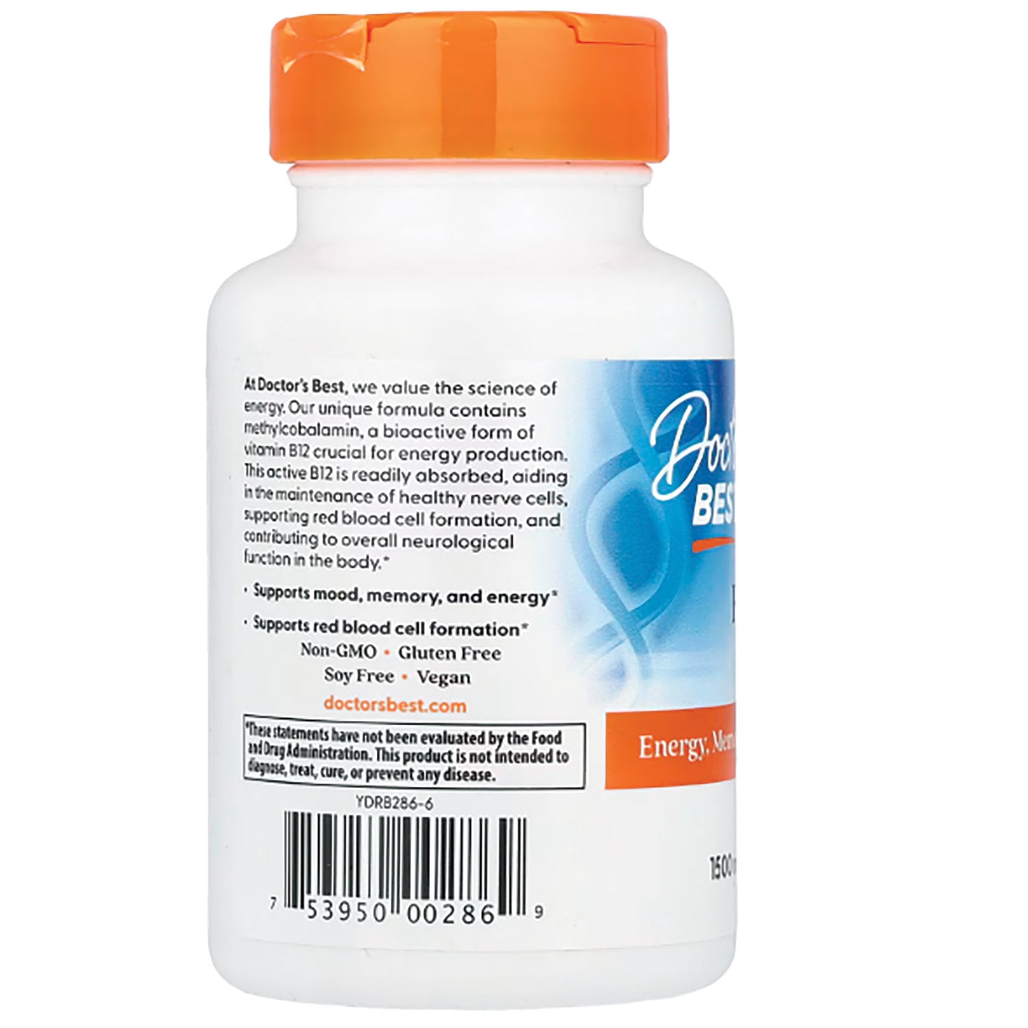 DB175 | Back label of white supplement bottle showing Doctor's Best Fully Active B12 description, usage claims and barcode