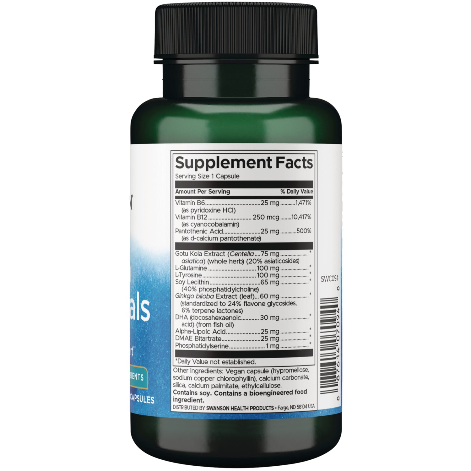 SWC094 | Supplement Facts and ingredients on back of green supplement bottle