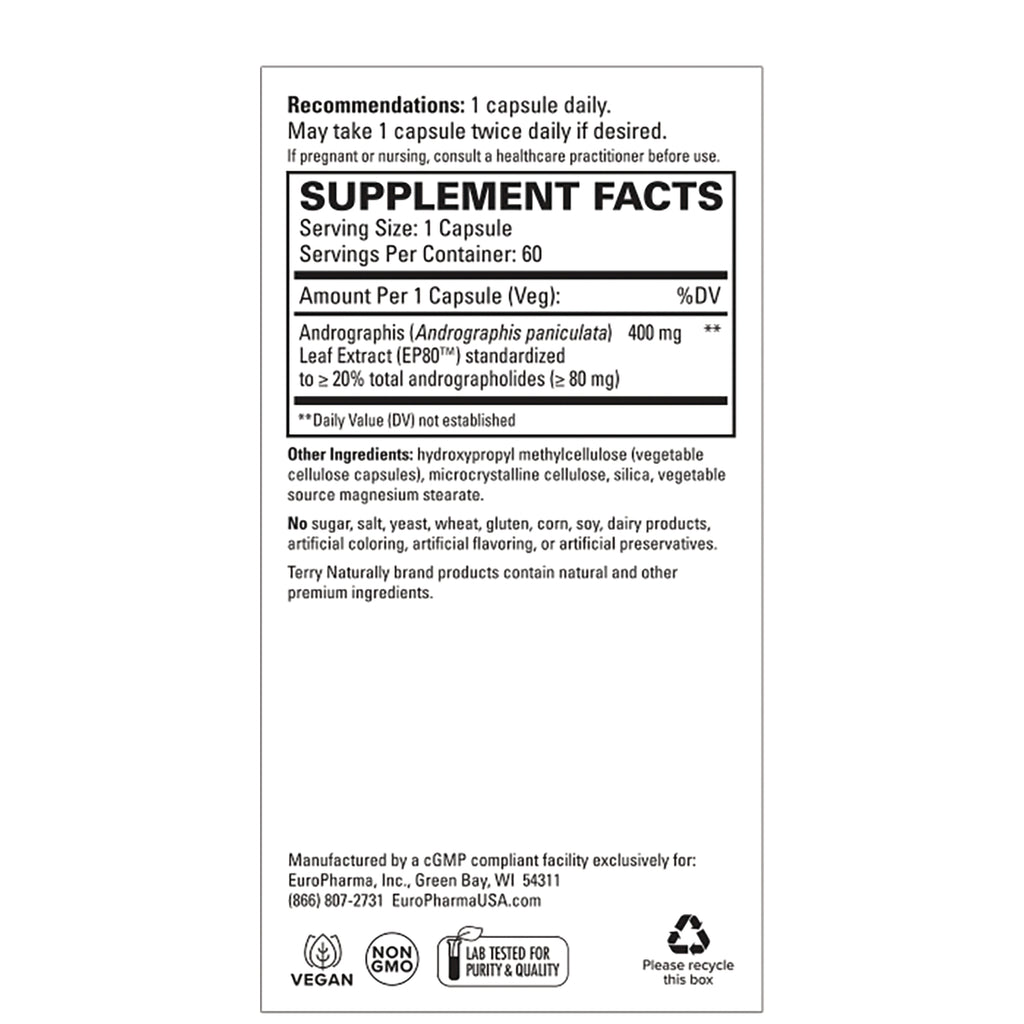 EUR065 | back label showing Supplement Facts panel, serving size 1 capsule, Andrographis 400 mg, other ingredients and manufacturer info - Thumbnail