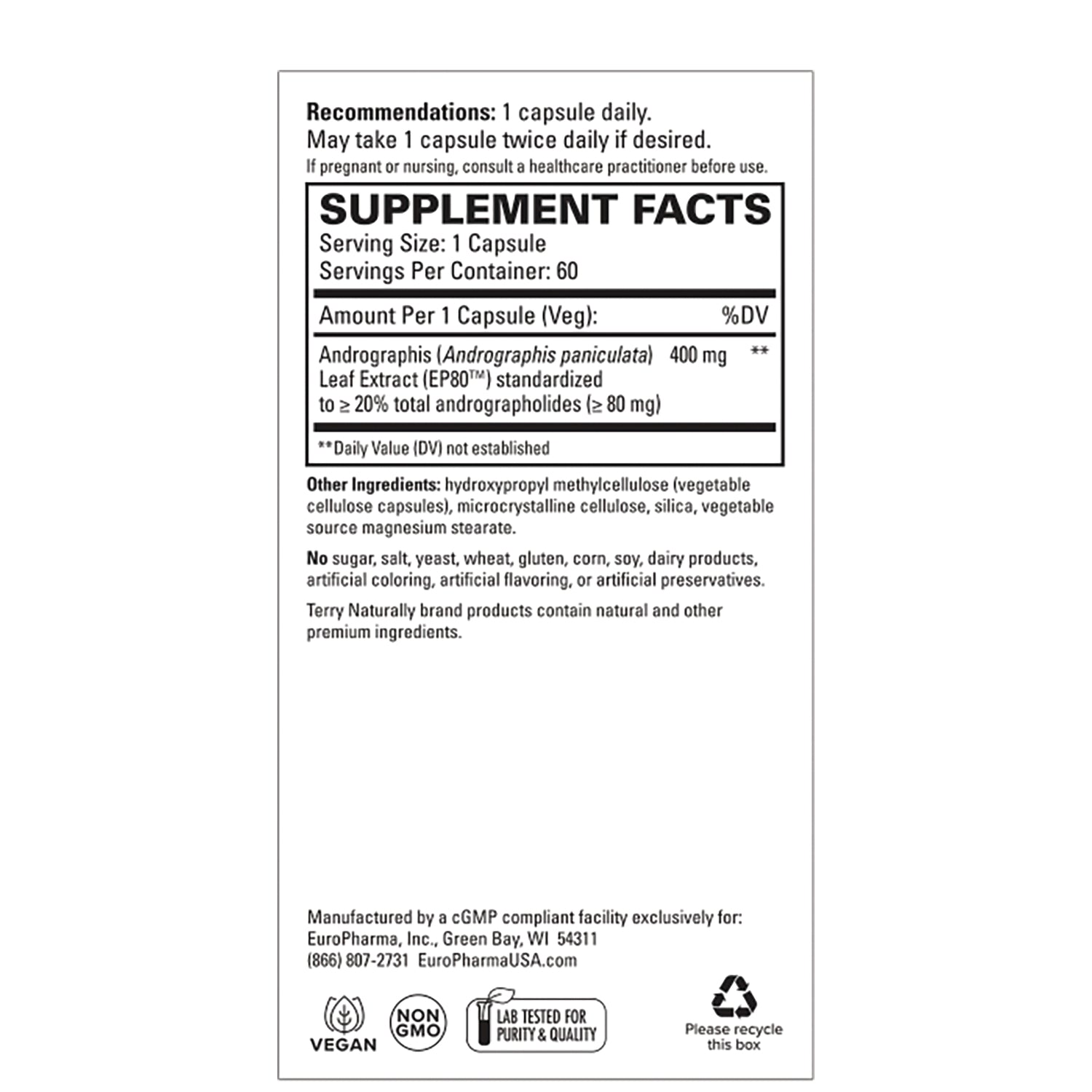 EUR065 | back label showing Supplement Facts panel, serving size 1 capsule, Andrographis 400 mg, other ingredients and manufacturer info
