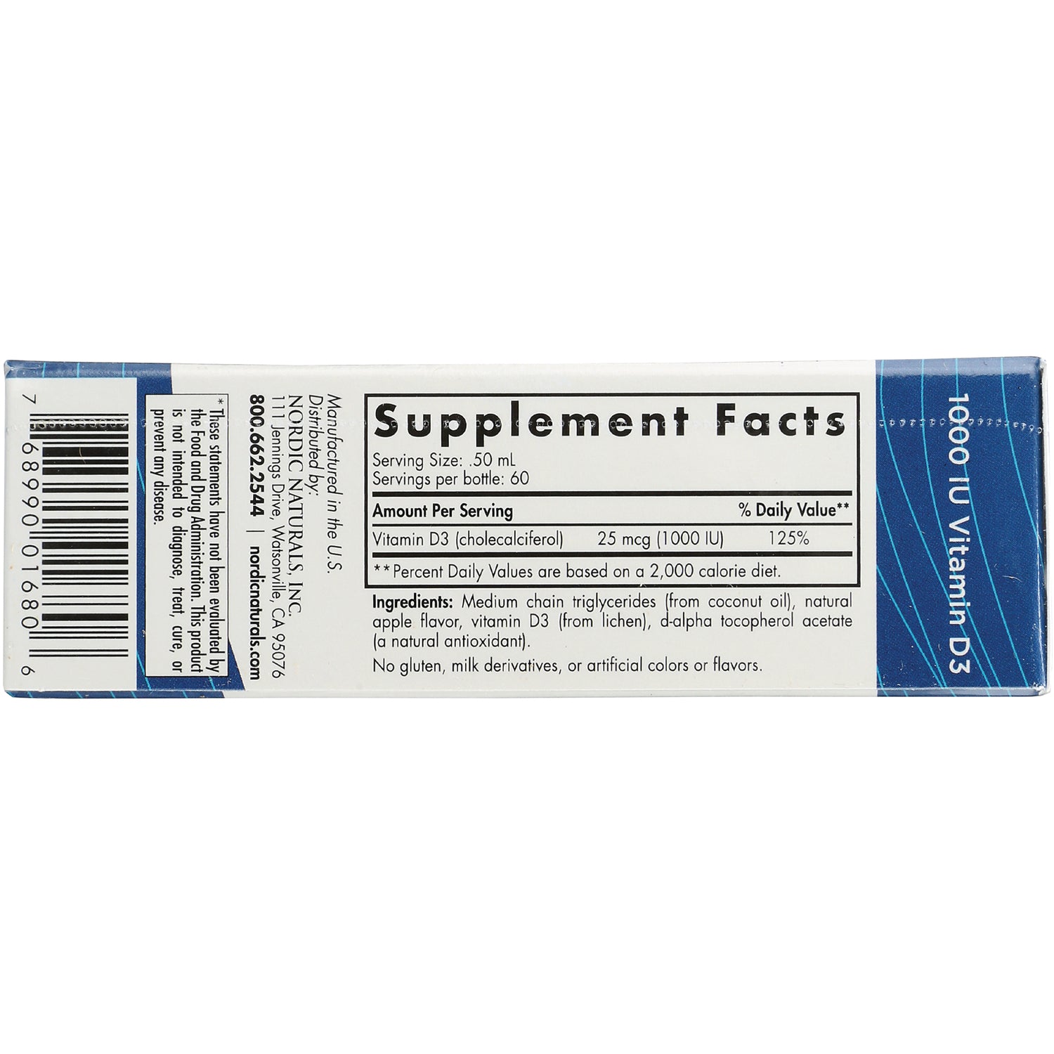 NRN069 | back of supplement box showing Supplement Facts panel with Vitamin D3 25 mcg (1000 IU) and ingredients