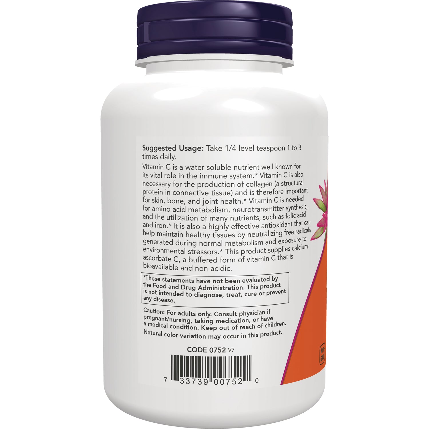 NWF594 | Back label of white supplement bottle showing suggested usage, caution text and barcode