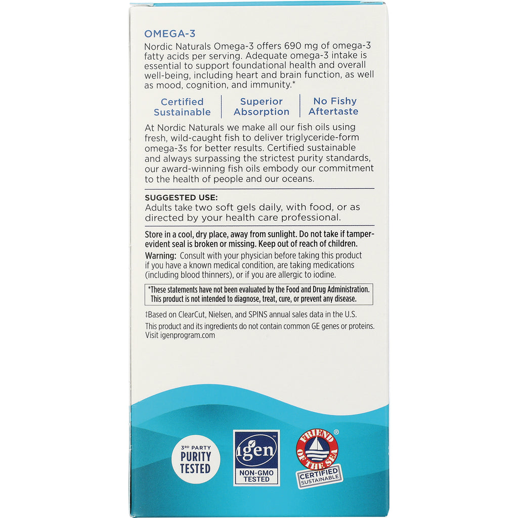 NRN012 | Back panel of Omega-3 supplement box showing suggested use, warnings, and certification icons - Thumbnail